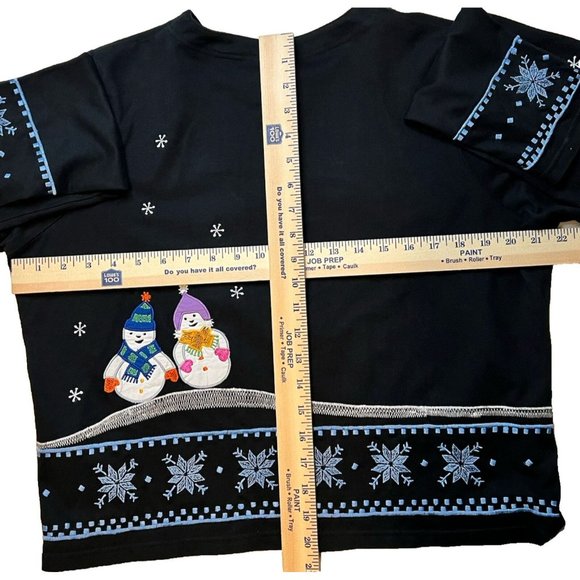 Michael Simon Sweater Cardigan Cotton Ramie Size L Black Snowman Cottage Winter - Picture 6 of 8